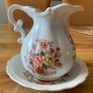 Vintage Floral Porcelain Pitcher and Basin Set
